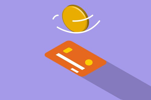 Creative graphic illustration of golden coin spinning above credit card on violet background