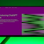 Close-up of a monitor displaying ChatGPT Plus introduction on a green background.