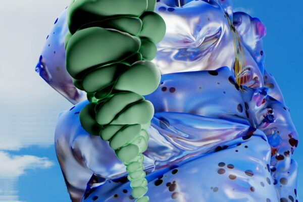 Vibrant 3D abstract artwork showcasing metallic textures against a clear sky.