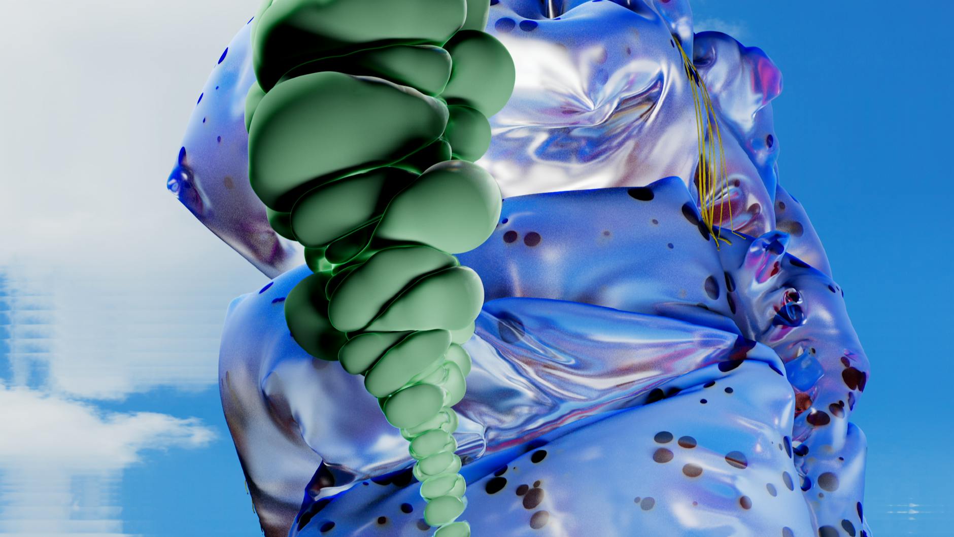 Vibrant 3D abstract artwork showcasing metallic textures against a clear sky.