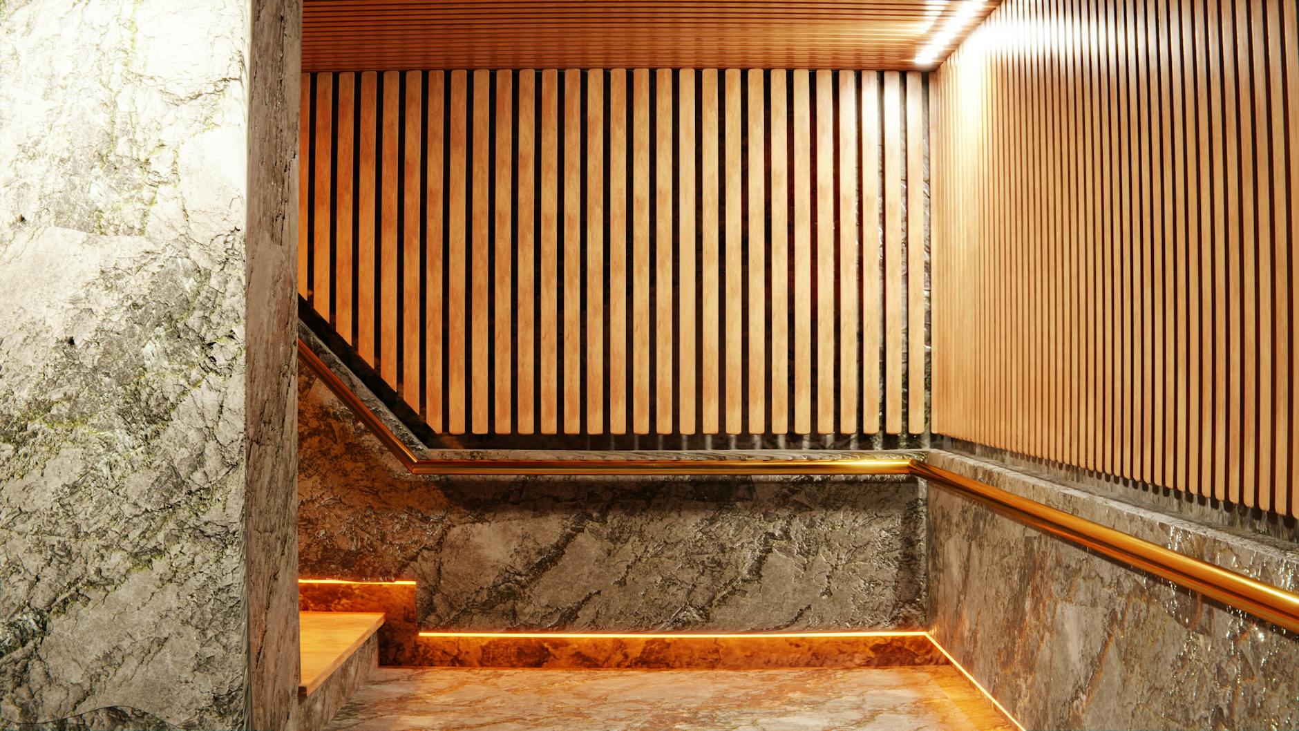 Elegant staircase with wooden panels and marble walls, illuminated by warm lighting.