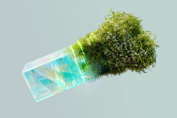 A conceptual image blending technology and nature, symbolizing AI's role in sustainable energy.